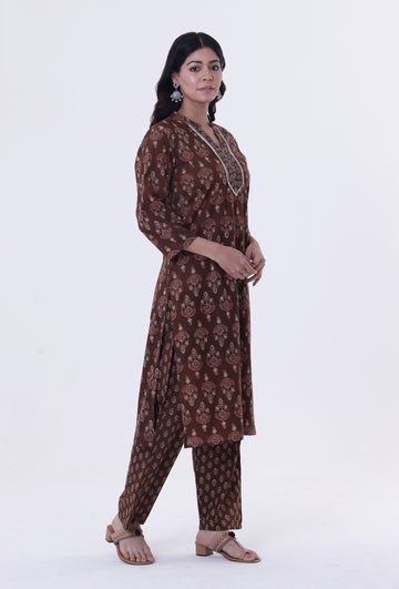 Brown & Multicolor Cotton Block Printed Kurta